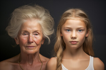 An Aging Portrait of Time, young girl and her old Grandmother - 787171626