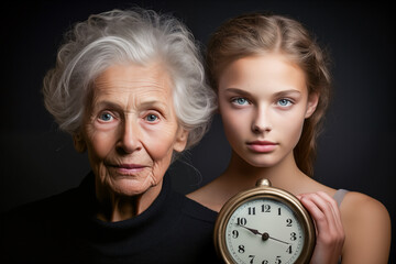 An Aging Portrait of Time, young girl and her old Grandmother
