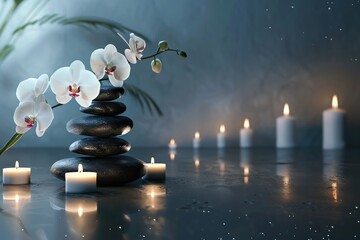 Relaxing spa concept, therapeutic stones, orchid bloom, candle tranquility