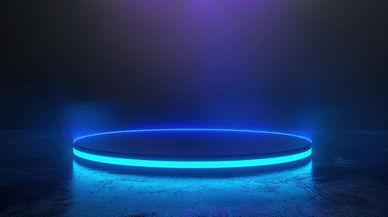 Blue neon glow pedestal, round display in dark room, futuristic product stage - obrazy, fototapety, plakaty
