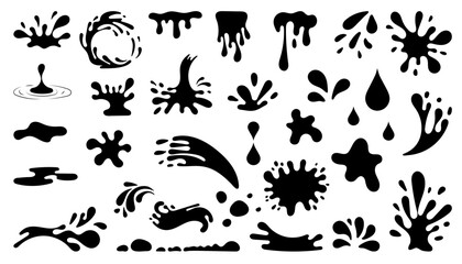 Big Set of Water drops, sea and ocean waves stencil. Black Liquid elements, cry droplet icons collection. Ink, sauce, blood, river splashes and fluid. Vector illustration isolated on white background