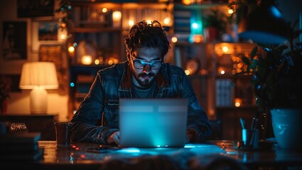 Obraz premium Ambitious startup founder in an office late at night, planning growth