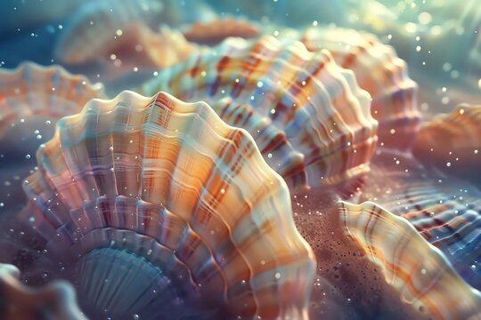 Microscopic view of seashells, revealing individual ridges, diverse shapes, pearlescent colors, and the intricate beauty of marine life