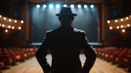 A lone figure in a suit and fedora stands with back to the camera looking out at the empty stage before him. posture exudes . . - obrazy, fototapety, plakaty