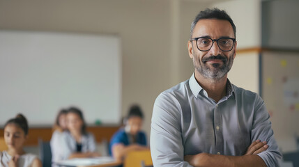 Portrait of mature teacher looking at camera with copy space Happy mid adult lecturer at classroom standing after giving lecture Satisfied high school teacher smiling while his student : Generative AI