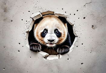 Close up view picture of the hole on the the wall that show a cute panda cub stay inside the wall