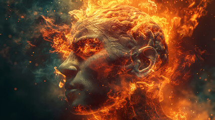 A man's head is on fire, surrounded by flames and smoke