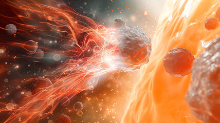 A space scene with a red and orange explosion and a bunch of small rocks