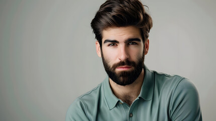Obraz premium Young handsome man with beard wearing casual polo shirt posing on studio background looking at the camera Beauty portrait A lot of copy space : Generative AI
