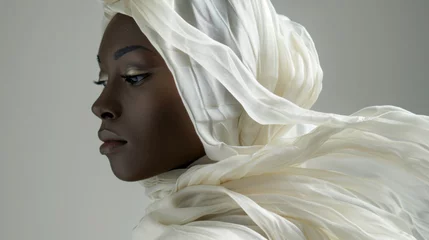 Foto op Canvas In the final portrait a regal black woman is enwrapped in a soft ivory silk shawl that exudes grace and elegance. Against a subtle monochromatic background the gentle d of the silk . © Justlight