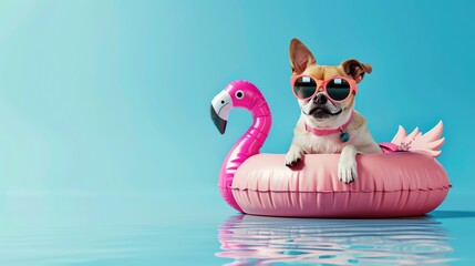 A dog wearing a pair of oversized sunglasses, relaxing poolside on a miniature inflatable flamingo - obrazy, fototapety, plakaty