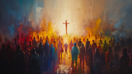 A painting of a large crowd of people with a cross in the middle