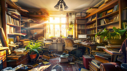 Hoarder's apartment full of books and old belongings - obrazy, fototapety, plakaty