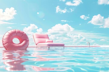 Poolside relaxation, RELAX inflatable message, clear summer sky, angled view - obrazy, fototapety, plakaty