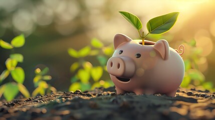 A sprouting seed planted in a piggy bank, symbolizing the growth of wealth and the importance of starting early - obrazy, fototapety, plakaty