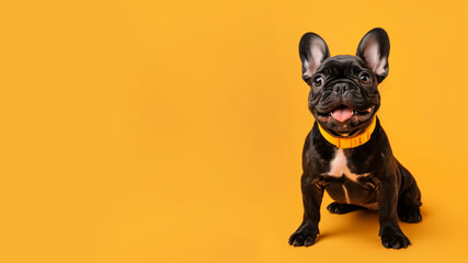 French bulldog in a great mood on a yellow background