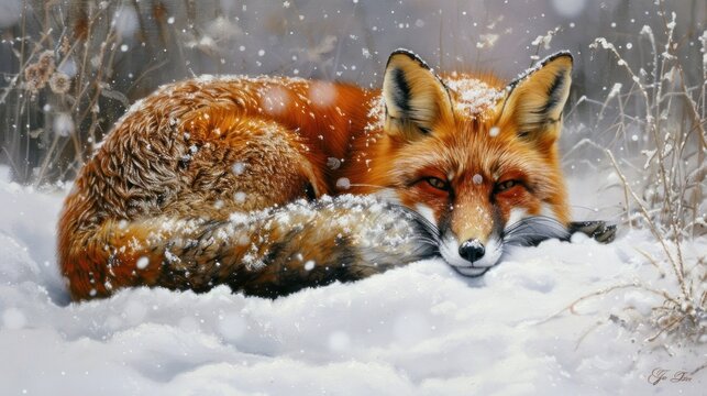 Portrait a red fox resting alone in the winter snow forest landscape. AI generated image