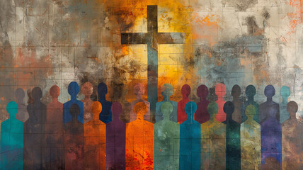 A painting of a cross with a group of people surrounding it