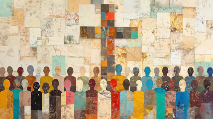 A painting of a cross with a group of people in the background