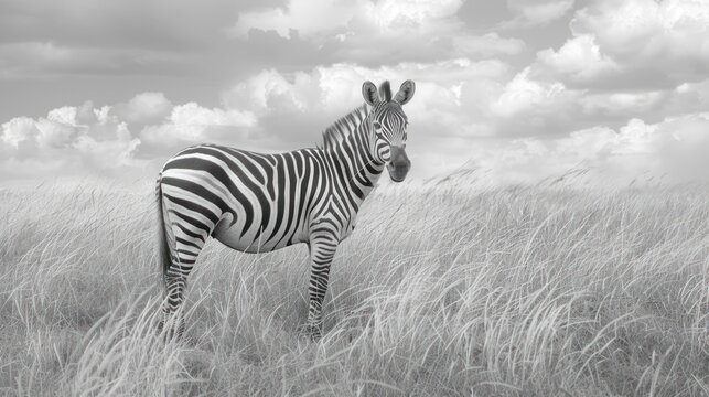 Portrait zebra horse wild animals on the grassland in black white colors. AI generated image