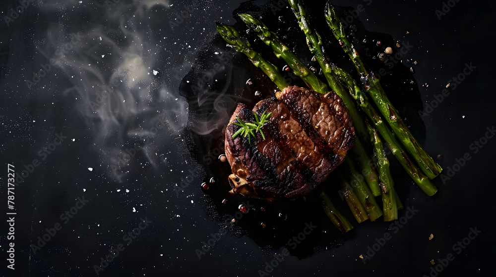 Poster Grilled Fillet Mignon Steak with roasted asparagus Black background Top view Copy space : Generative AI