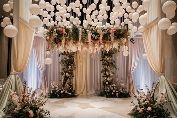 Beautifully decorated indoor space, possibly a wedding venue or a ceremonial hall. The backdrop is adorned with draped curtains in soft pastel shades, complemented by hanging spherical balloons