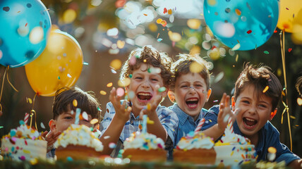 Happy 7 years old boy celebrating his birthday party with his friends
