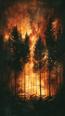Obraz premium A painting of a forest fire with trees in the foreground and background