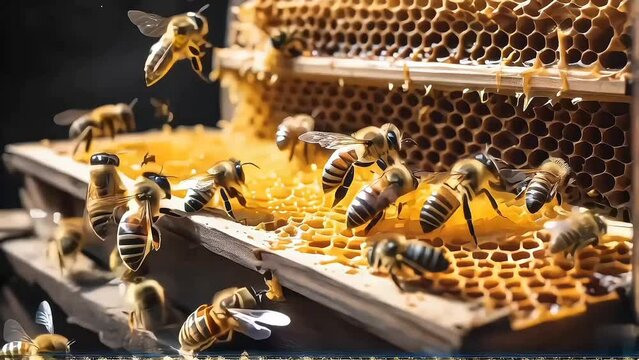 Close Up beehive buzzing with activity, with bees entering and leaving the honeycomb,