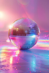 Fototapeta na wymiar A retro 80s and 90s themed disco background, with a mirror ball reflecting rainbow colors on a pastel light pink and purple gradient.