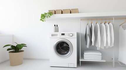 Laundry room interior with washing machine near wall - obrazy, fototapety, plakaty