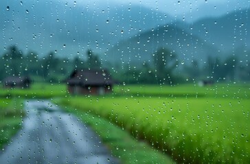 Grain rain, houses in the fields, the background of the emptiness of spring