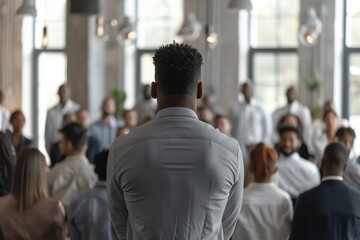 Employees attending corporate business training or seminar. Professional business coach speaking for multiethnic people in modern spacious office interior. Diverse audience, back view from behind