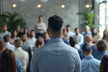 Employees attending corporate business training or seminar. Professional business coach speaking for multiethnic people in modern spacious office interior. Diverse audience, back view from behind - Powered by Adobe
