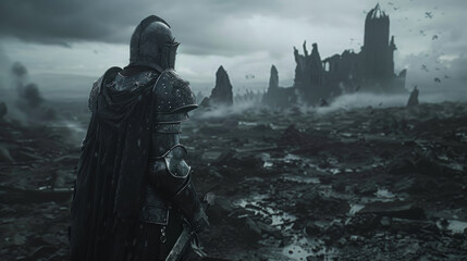Dark and haunting battlefield scene from 'Knights of the Fallen Realm,' with armored knights standing in a ruined landscape
