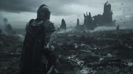 Photo sur Plexiglas Gris foncé Dark and haunting battlefield scene from 'Knights of the Fallen Realm,' with armored knights standing in a ruined landscape