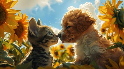 Artistic depiction of a kitten and puppy meeting amid towering sunflowers, their noses almost touching, under a bright blue sky - obrazy, fototapety, plakaty