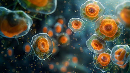 A close up of a bunch of orange and green cells