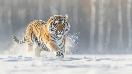 Portrait wild siberian tiger majestic animal running in winter snow. AI generated image - obrazy, fototapety, plakaty
