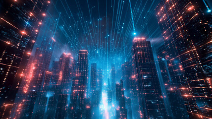 Obraz premium A cityscape with a blue sky and a bright orange sky