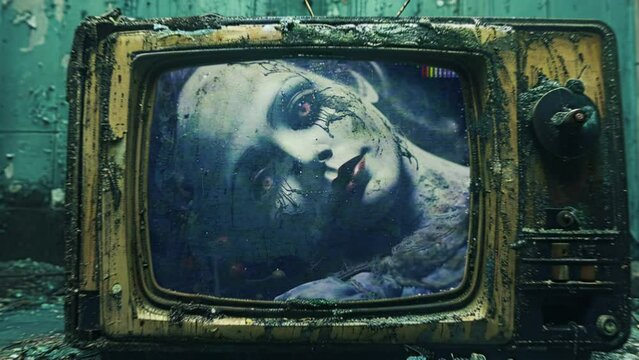 A creepy doll face opens its eyes in an old tube TV. Grunge horror background