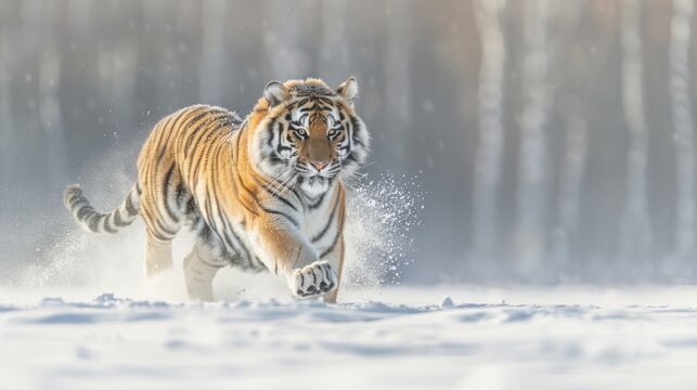 Portrait wild siberian tiger majestic animal running in winter snow. AI generated image