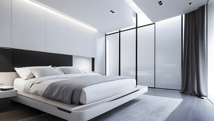 Modern Minimalist Bedroom with Monochromatic Design and Ambient Lighting.