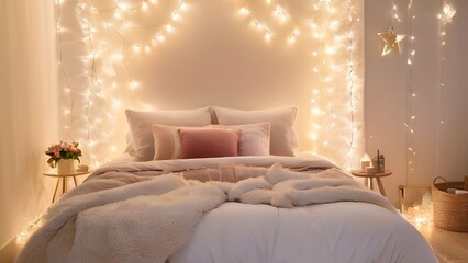 Cozy Bedroom with Twinkling Fairy Lights and Plush Bedding.