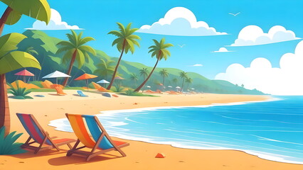 Fototapeta na wymiar Beach Chairs, Umbrella, Summer Vacation Concept, Tropical Scene Illustration