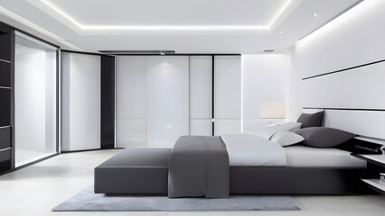 Modern Minimalist Bedroom Interior with Sleek Design and Monochrome Palette.