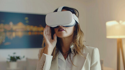 Businesswoman wearing shirt and suit working while using a VR headset. attractive gesture pose. in office room.
