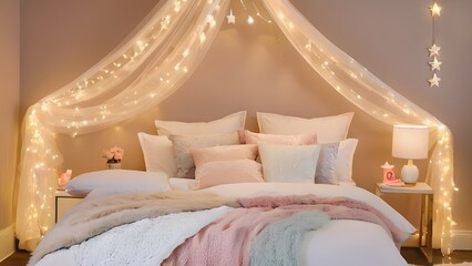 Stylish Bedroom Decor with Twinkling String Lights and Plush Pillows.