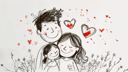 A charming and heartwarming family doodle drawing on a white background, portraying a sense of love and togetherness in a simple and artistic way.