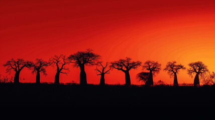 Fototapeta na wymiar A line of trees are silhouetted against a red sky